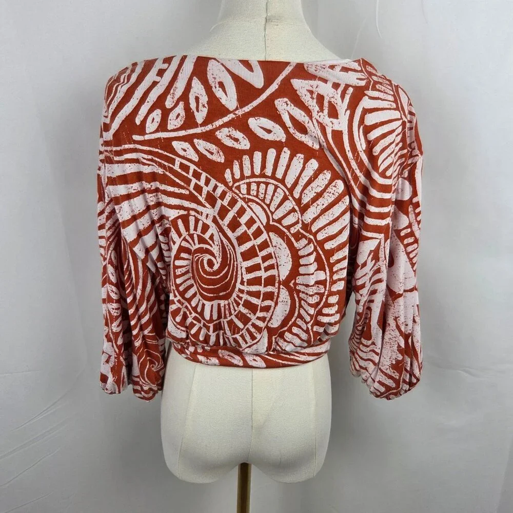 Anthropologie Bodi Blouse‎ Sz M Faux Wrap Tie Cropped Orange Boho Short Sleeve